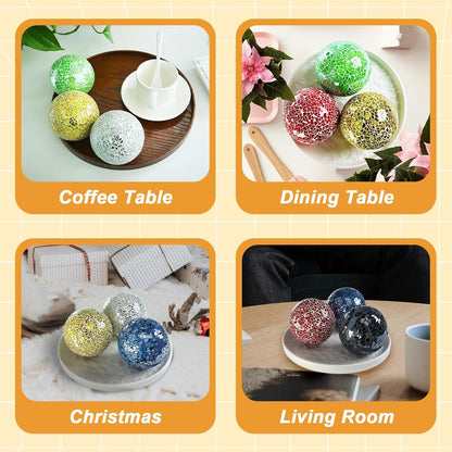 3.35 Inch Round Solid Glass Balls Orbs Decorative Mosaic Ball Centerpiece Sphere Crack Globe Crafts for Bowls Tray Table Garden Decoration Green Set of 3