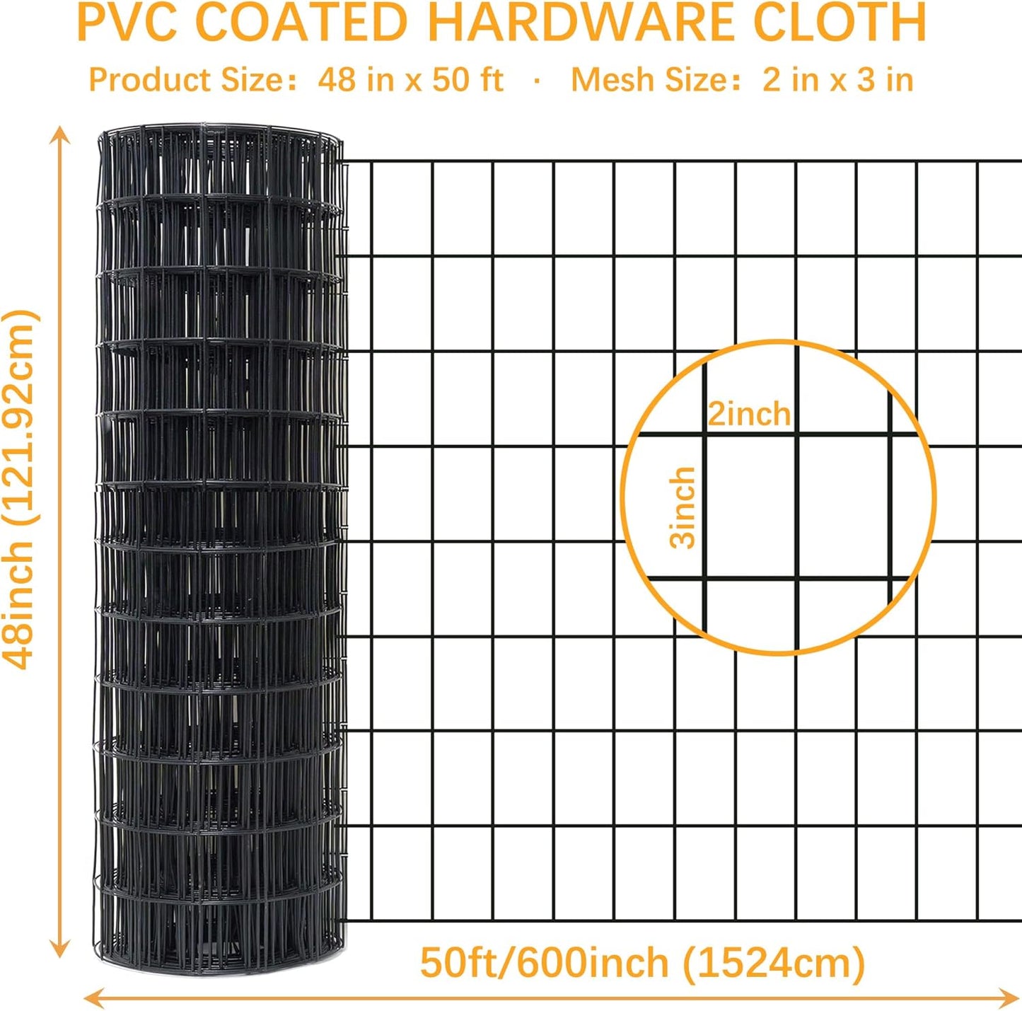 Black Metal Garden Fence, 48inch(H) x 50ft(L), 2 inch x 3 inch,14GA 2/3/4/5/6 Ft Tall Chicken Wire PVC Coated Welded Wire Mesh Roll for Dogs Border Yard Vegetable Plant Protection Poultry Netting