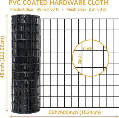Black Metal Garden Fence, 48inch(H) x 50ft(L), 2 inch x 3 inch,14GA 2/3/4/5/6 Ft Tall Chicken Wire PVC Coated Welded Wire Mesh Roll for Dogs Border Yard Vegetable Plant Protection Poultry Netting