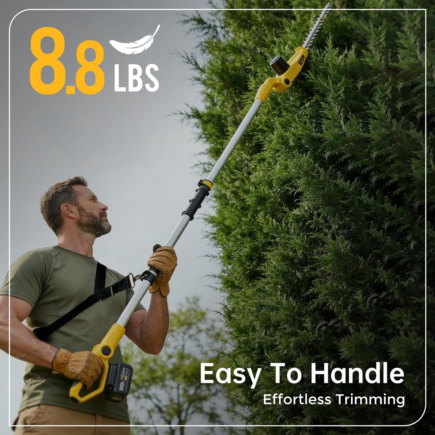 YDlawn 20V Cordless Pole Hedge Trimmer, 15 Ft Reach, 2 x 4.0Ah Batteries