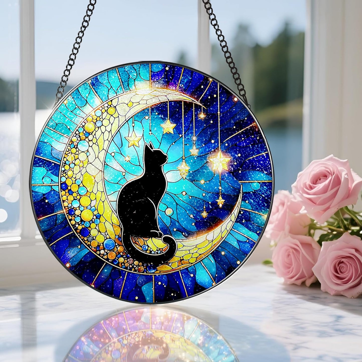 8 Inch Stained Glass Suncatcher Ornament, DOUHASU Black Cat Sun Catchers Indoor Window, Stained Glass Window Hanging, Indoor Decor, Home Decor Gift, Gifts for Cat Lovers, Pet Lover Gift