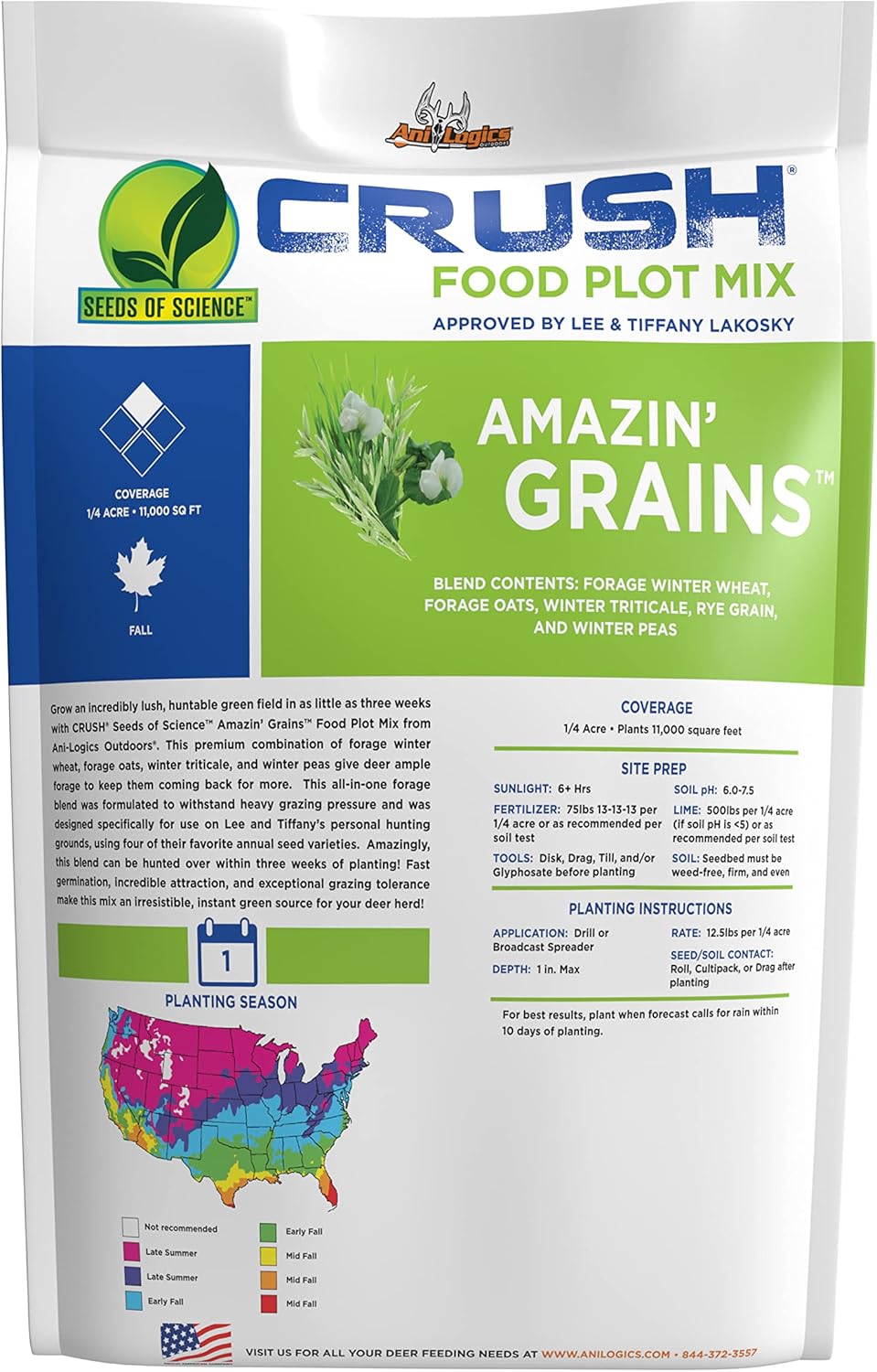 ANI-Logics Crush Amazin Grains - Fast-Growing Fall Deer Food Plot Seed - Multi-Species Forage, Cold-Hardy and Shade/Low-pH Tolerant for Reliable Draw - 12.5 lb