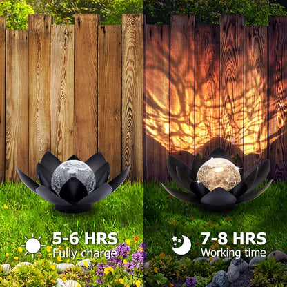 Huaxu Solar Lights Outdoor Garden Decor Metal Black Lotus Decoration, Crackle Globe Glass Waterproof LED Outside Table Lamp for Patio,Lawn, Yard,Walkway,Tabletop,Ground Gifts for Mom