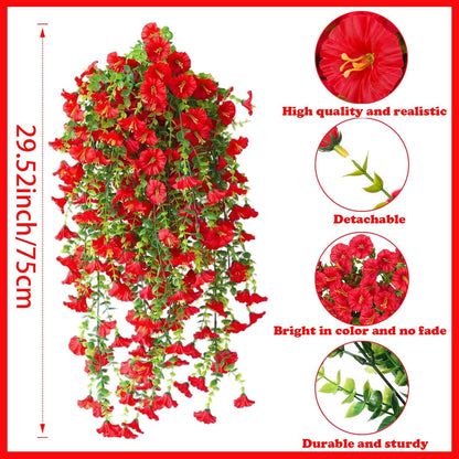 Artificial Hanging Flowers – 4 Pack UV Resistant Fake Morning Glory Vine Faux Plants for Porch, Patio, Balcony, Garden, Indoor & Outdoor Decor (Red)