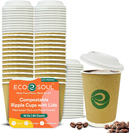 ECO SOUL 16oz Compostable Ripple Cups (50 Pack) – Biodegradable Paper Cups, Non-Toxic Disposable Cups for Hot Drinks, To-Go Coffee Cups, Eco-Friendly & Ripple Paper Cups