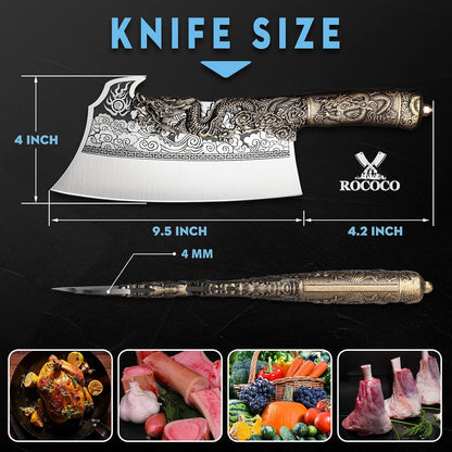 ROCOCO 2lb Dragon Butcher Knife Heavey Duty Cleaver Knife for Meat Bone Cutting 9.5" Cool Big Viking Camping Chopper Cutter with Sheath Birthday Father Mother Christmas Gift Idea Men