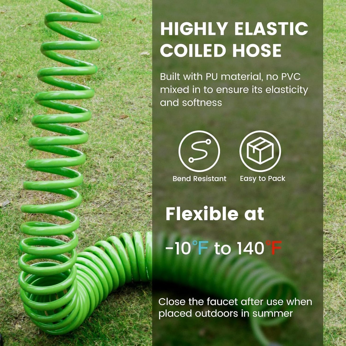 SPECILITE 1/2” Polyurethane Coil Garden Hose 50 FT, PU Flexible Recoil Water Hoses with 6-Pattern Spray Nozzle for Patio, Boat, Greenhouse and Yard