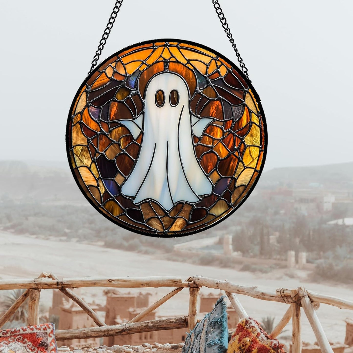 Stained Glass Window Hanging Halloween White Horror Ghost Large 15" - Suncatcher Door Garden Kitchen Sun Catcher Home Gothic Decor Birthday for Mom Men Woman Friend Grandma