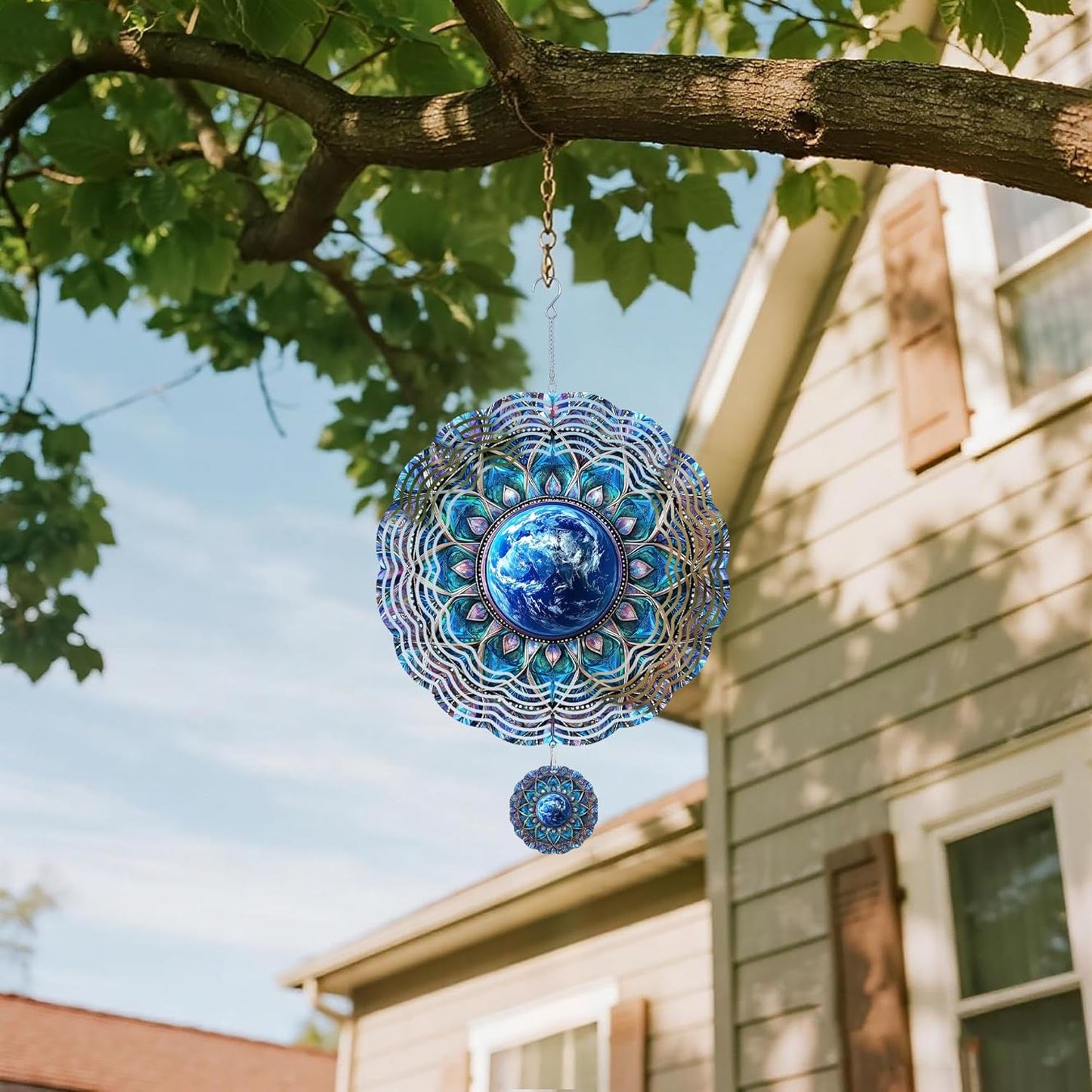 Wind Spinners Outdoor, Retro Blue Lotus Earth 3D Stainless Steel Wind Sculpture Spinner for Garden Outside Hanging Decor Mother's Day Christmas Birthday Gift for Women Men Mom Nana 13.7 in