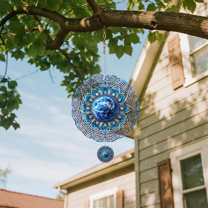 Wind Spinners Outdoor, Retro Blue Lotus Earth 3D Stainless Steel Wind Sculpture Spinner for Garden Outside Hanging Decor Mother's Day Christmas Birthday Gift for Women Men Mom Nana 7.8 in