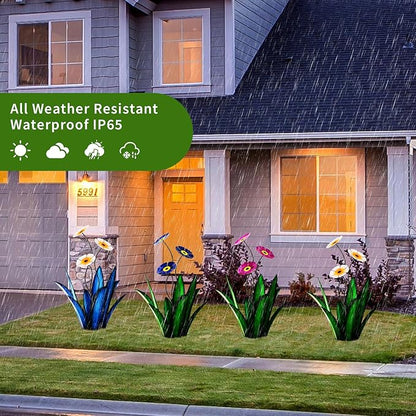 Upgraded Large Metal Yard Art, Agave Plant Yard Decorations Outdoor Sculpture, Flowers for Outside, Waterproof Outdoor Garden Decor (Blue + White Flower)