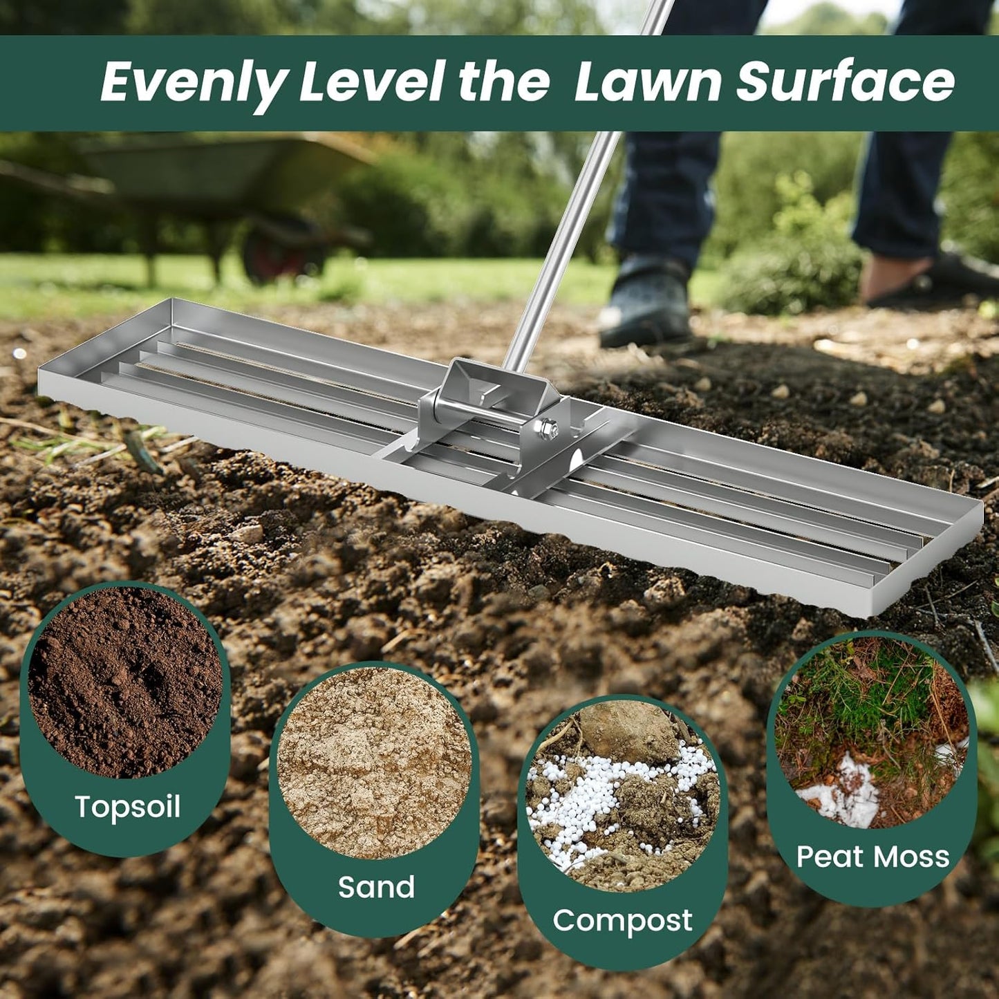 Goplus Lawn Leveling Rake, 42" x 10" Heavy Duty Level Lawn Tool w/ Ergonomic Handle for Soil, Effort-Saving Landscape Rake for Garden, Backyard, Golf Course, Farm, Pasture, Silver