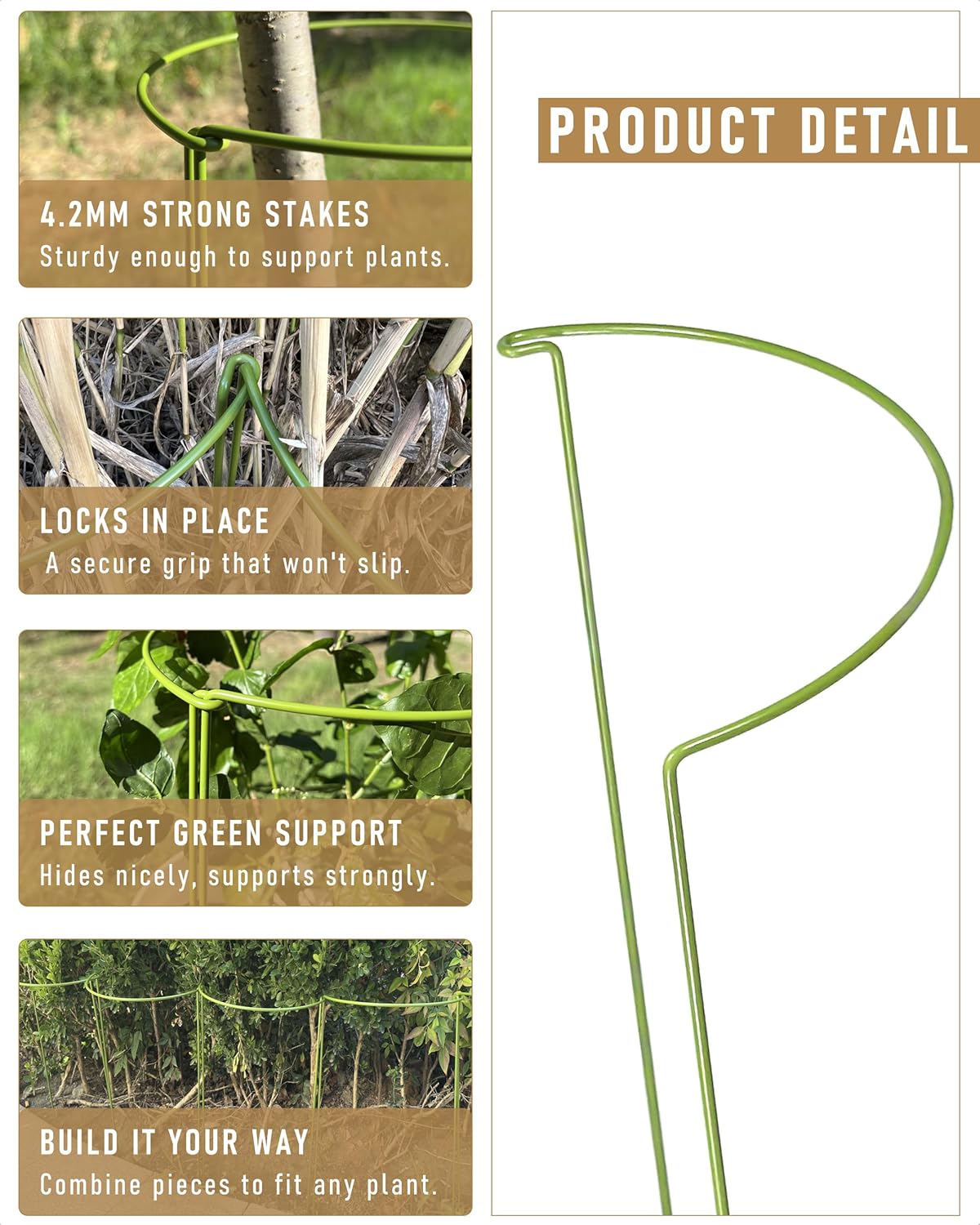 10-Pack Heavy Duty Garden Plant Stakes, 4.2mm Steel Plant Supports for Tomato Cages, Monstera, Peonies - Indoor Outdoor Stakes for Potted Trees & Flowers, 10" W x 15.8" H (Mint Green)