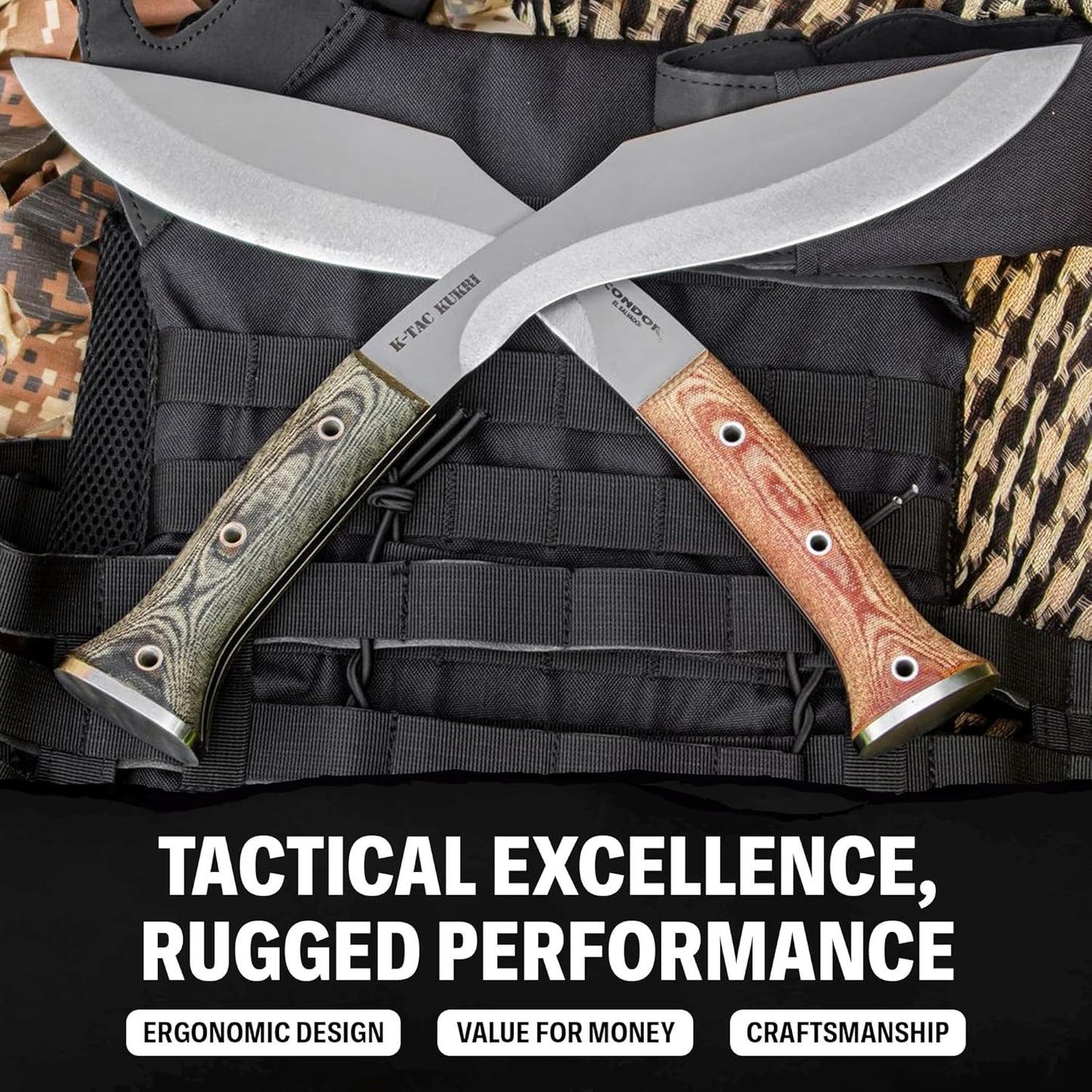 Condor Tool & Knife K-tact Kukri Knife - 1075 High Carbon Steel - Gardening Machete - Micarta Handle - Kydex with Leather Belt Loop Sheath - 6mm Thick - 10in Blade - 32.4oz