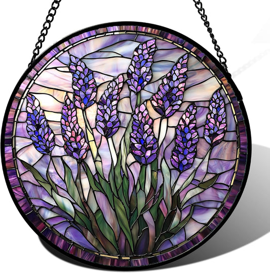 Stained Glass Window Hanging - Purple Flowers Suncatcher for Door Terrace Garden Home Decor