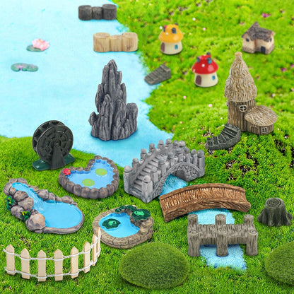 21 Pcs Fairy Garden Miniatures Accessories Bridge House Landscape Water Well Fence Figurines Pond Mushroom Lawn Garden Ornament for DIY Craft Succulent Decor