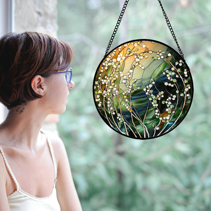 Stained Glass Suncatcher, Yellow Green Gradient Flower Sun Catcher Plants Stain Glass Window Hanging Decoration Mother's Day Birthday Gifts for Women Men Mom and Nana 7.8 in