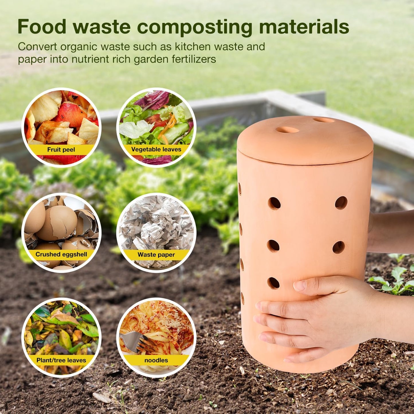 Underground Compost Bin 11Inch Garden Worm Farm Outdoor for Organic Refuse Red Pottery Ceramics Compost Bin with Holes and Lid Clay for Garden Vegetable Patch Backyard