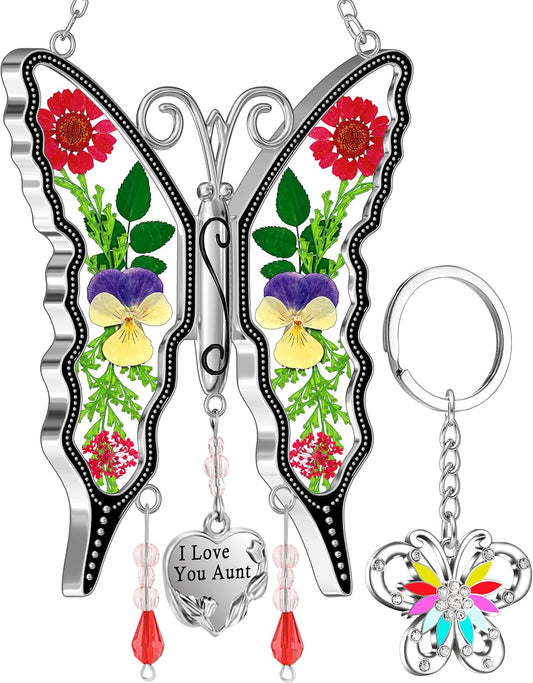 KY&BOSAM Gifts for Aunt Suncatcher Butterfly I Love You Aunt Gift Stained Glass Pressed Real Flower