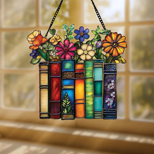 Flower and Books Bookish Acrylic Suncatcher Stained Glass Effect Window Car Hanging Christmas