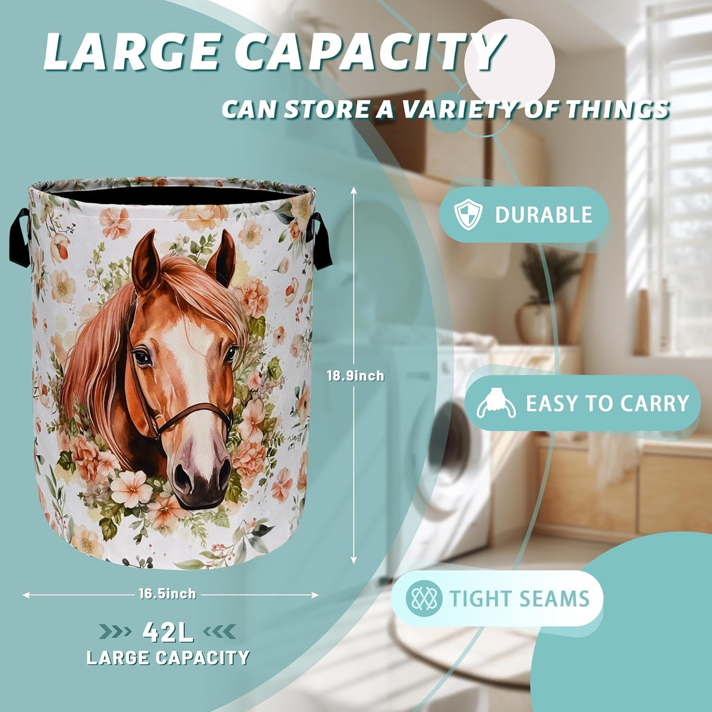 Watercolor Horse Laundry Basket Foldable With Handles Cute Animal Floral Tote Bag Oxford Cloth Colorful Laundry Hamper Clothes Toy Storage Bucket For Bathroom/Laundry/Bedroom 18.9" x 16.5 "