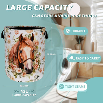 Watercolor Horse Laundry Basket Foldable With Handles Cute Animal Floral Tote Bag Oxford Cloth Colorful Laundry Hamper Clothes Toy Storage Bucket For Bathroom/Laundry/Bedroom 18.9" x 16.5 "