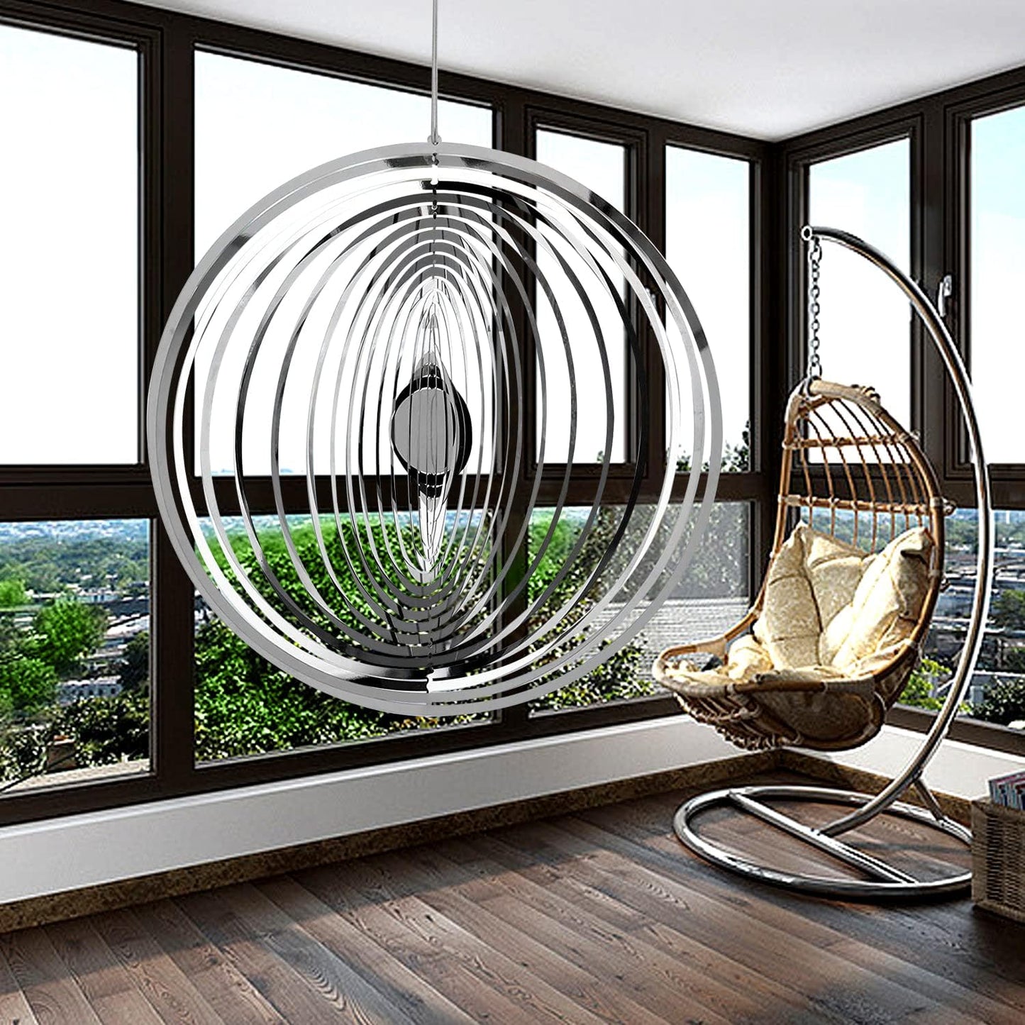 Hanging Wind Spinner Outdoor Metal Decorations, Silver Wind Spinners for Yard and Garden,3D Mirror Stainless Steel Wind Sculptur Chime Indoor Outdoor Garden Decoration Worth Gift （Round）