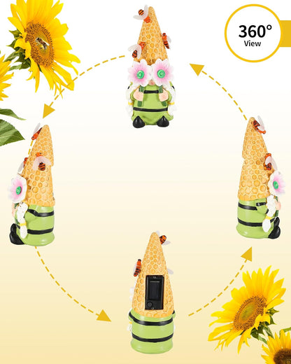 iStatue Solar Garden Gnome Figurine Light with Bees Sunflower, 9.5'' Resin Outdoor Statue for Yard Patio Decor Lawn Ornaments Porch Garden Gifts for Women/Girl (Ms Bee Gnome)