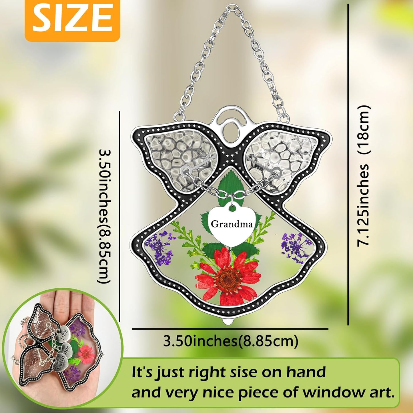 KY&BOSAM Angel Suncatcher Grandma Stained Glass for Windows Hanging for Wind Chime with Pressed Flower in Glass and Metal Trim Charm Birthdays Gifts for Grandma Mother`s Day Valentine's