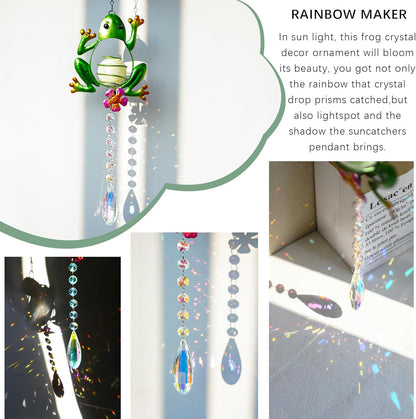 Stained Glass Metal Frog Suncatcher Crystals for Window Ornament - 17" Outdoor Fence Wall Art Decor, Rainbow Maker Hanging for Garden Yard Living Room Bedroom Patio Balcony