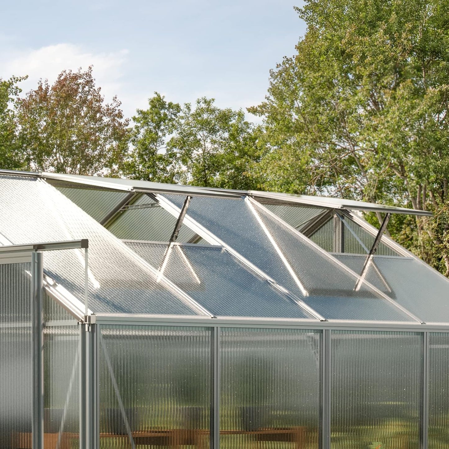 Greenhouse Saphir 5 Aluminum Frame 8.5 x 10.6 ft Approx. 8 mm Polycarbonate Panels - with Bonus Base Frame and Automatic Vent Opener