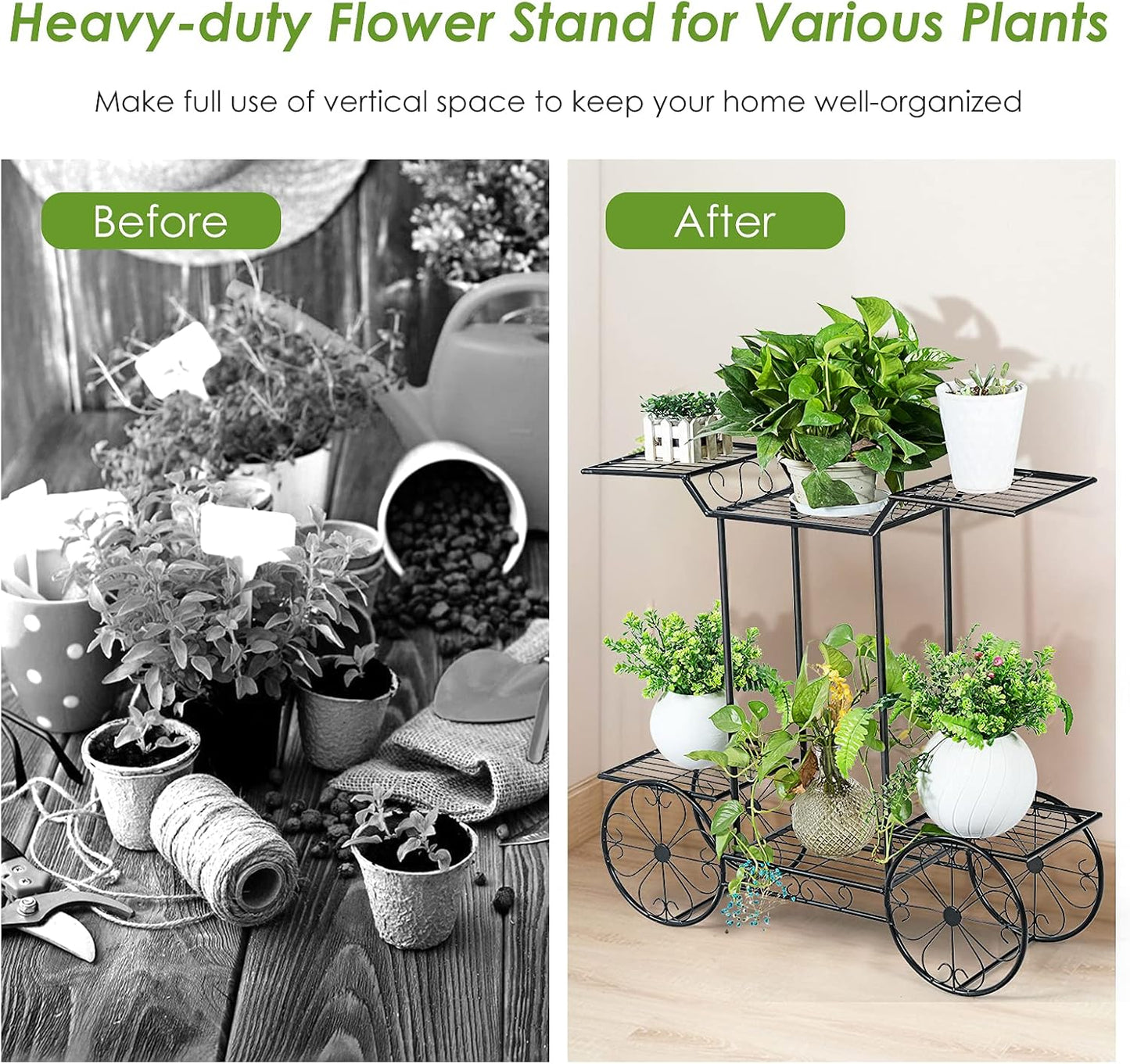 Safstar 6 Tiered Metal Plant Stand w/4 Decorative Wheels, Multilayer Flower Display Shelf for Home, Garden, Patio, Parisian Style Potted Plant Rack Holder