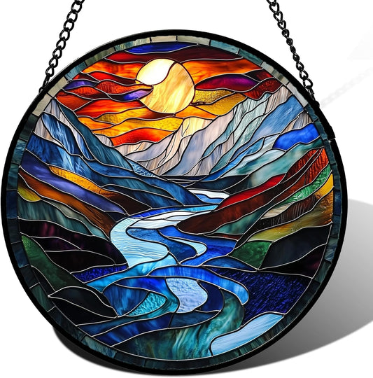 Stained Glass Window Hanging, Canyon Mountains Sunset View Sun Catcher for Window Home Decor