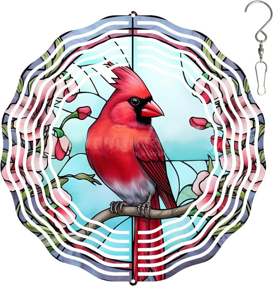 3D Cardinal Wind Spinner 3D Bird Spinners with Flower for Yard and Garden 3D Stainless Steel Cardinal Spinner with Unique Visual Effect Perfect Garden Decoration and Gift 10Inch