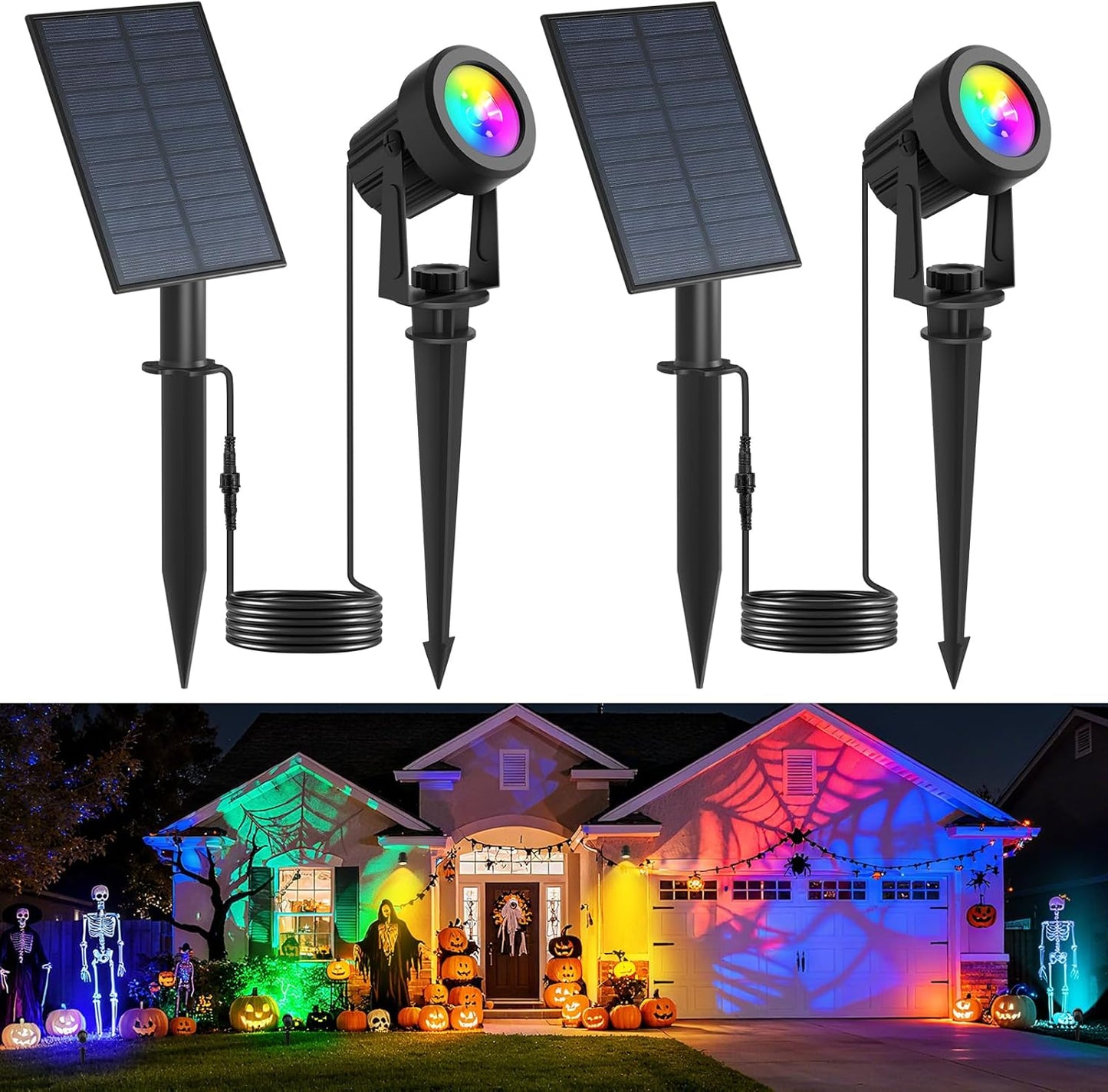RGB Solar Spot Lights Outdoor,2 Pack Color Changing Solar Landscape Spotlights IP65 Waterproof 9.8ft Cable, Auto On/Off Outdoor Wall Lights for Garden Yard Driveway Porch Walkway Pool (1-in-1)