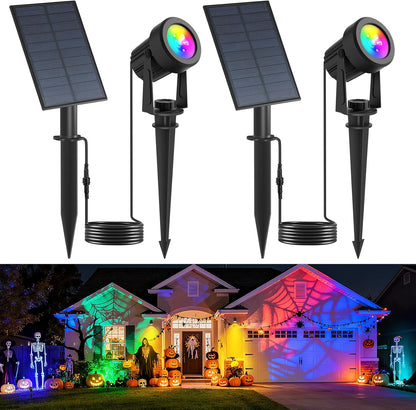 RGB Solar Spot Lights Outdoor,2 Pack Color Changing Solar Landscape Spotlights IP65 Waterproof 9.8ft Cable, Auto On/Off Outdoor Wall Lights for Garden Yard Driveway Porch Walkway Pool (1-in-1)