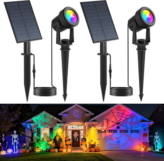 RGB Solar Spot Lights Outdoor,2 Pack Color Changing Solar Landscape Spotlights IP65 Waterproof 9.8ft Cable, Auto On/Off Outdoor Wall Lights for Garden Yard Driveway Porch Walkway Pool (1-in-1)