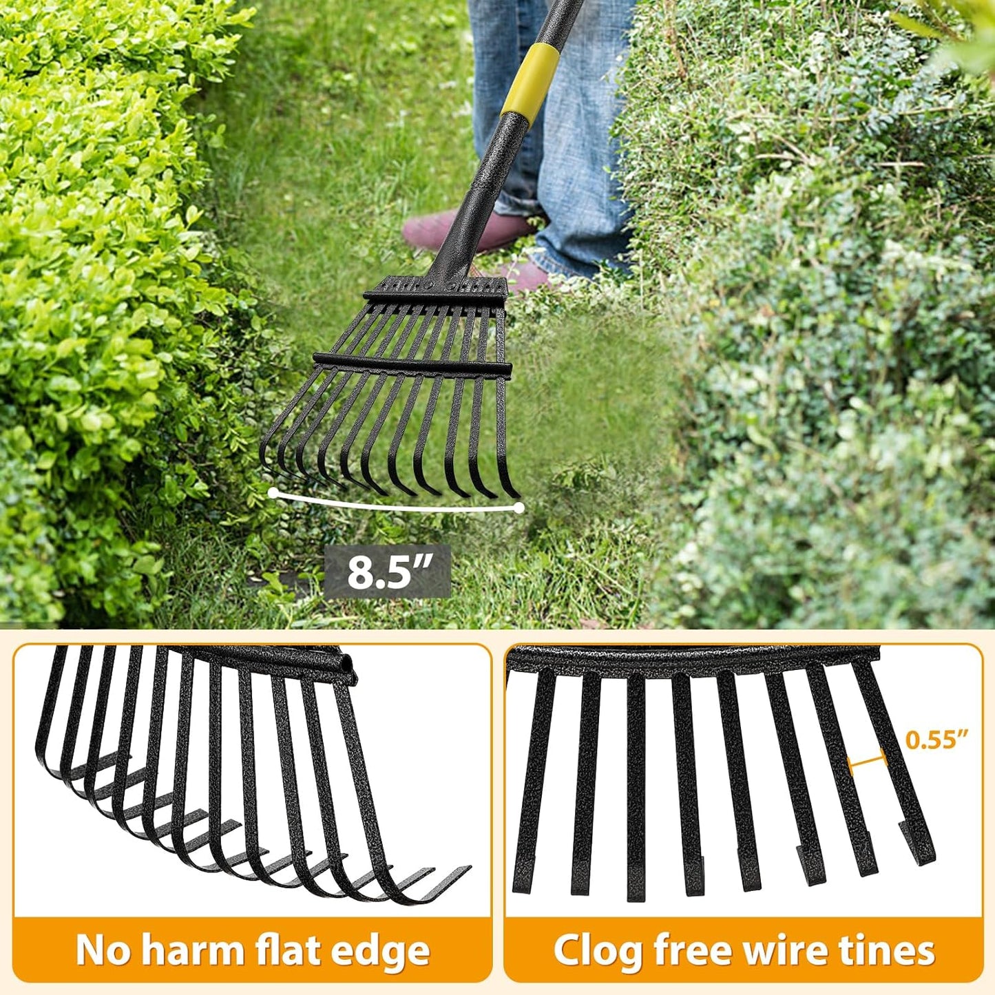 Rake, Garden Leaf Rakes for Lawns Heavy Duty, Yard Metal Rake Tools with 9" Small Narrow Rake Head, 65” Adjustable Long Handle, 11 Steel Tines, Quick Clean up Rake for Shrub, Flower Bed, Camping