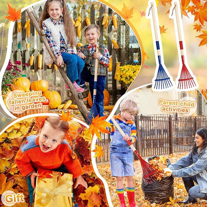 Suclain 2 Pcs Kids Rake with Hardwood Handle Small Child Size Multicolor 28'' Mini Rake for Leaves Lightweight for Children Garden Leaf Yard Tools Gifts