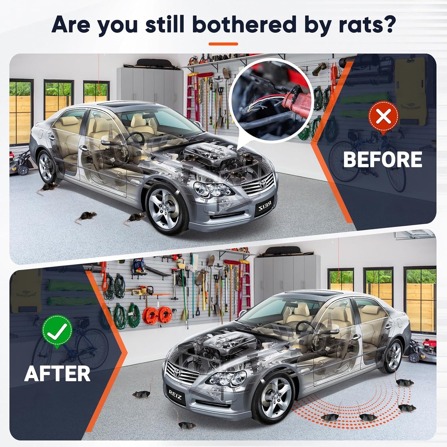 Ultrasonic Rodent Repellent for Car Engine, Mouse Repellent – Battery Powered Under Hood Mouse Repeller with Upgraded Flashing Strobe Light, Keep Mice Out of Car, RV, Garage, Room, Indoor, Outdoor