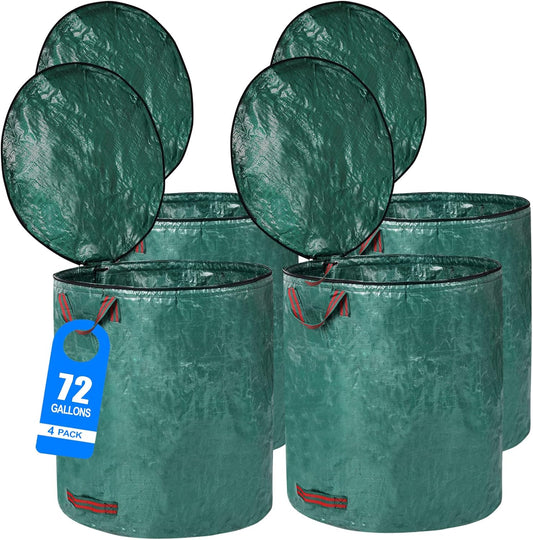 4 Pack 72 Gallons Reusable Yard Waste Bags with Lid Extra Large Lawn Leaf Bags Heavy Duty with 4