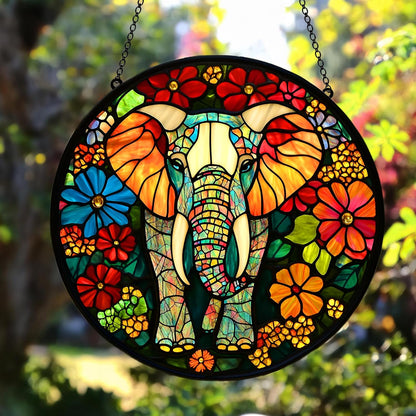 Floral Elephant Acrylic Suncatcher Window Hanging Faux Stained Glass Nature Lover Mom Gift