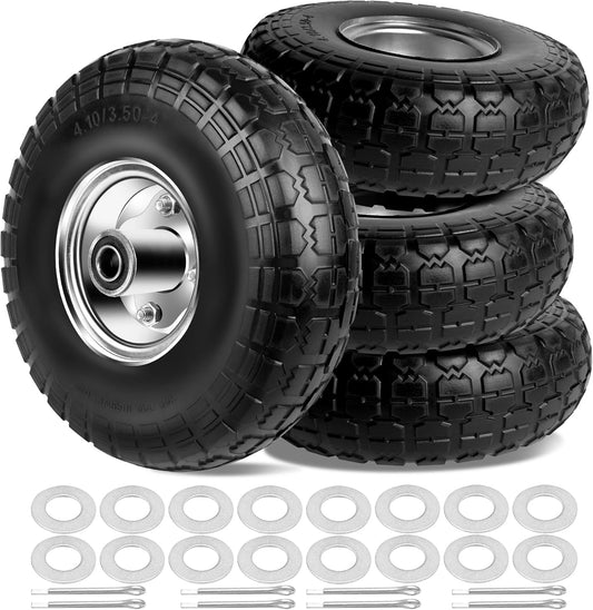 4.10/3.50-4 Tires and Wheels Flat Free 10 Inch Solid Tires Replacement with 5/8" Axle Bore Hole, 16