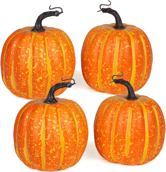 Artmag 6 Inch Large Artificial Pumpkins, 4PCS Big Orange Drawing Line Faux Foam Harvest Pumpkins for Fall Thanksgiving Holiday Decorations