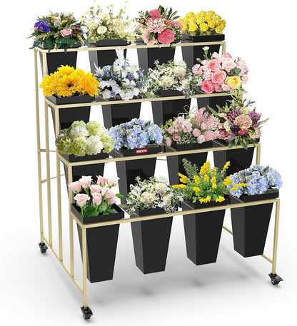 Flower Display Stand 4 Layers with 16 PCS Square Buckets, Plant Stand with Wheels, Movable Metal Plant Stand for Terrace Garden, Living Room, Florist Shop
