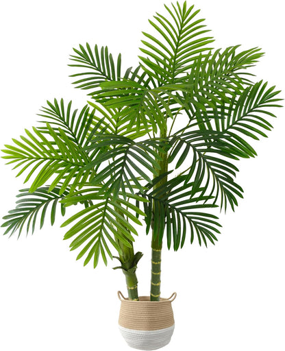 Artificial Palm Tree, 4ft Golden Cane Fake Palm Plant with Basket, Phoenix Palm UV Resistant Faux Plants for Indoor Outdoor Home Garden Patio Office Décor