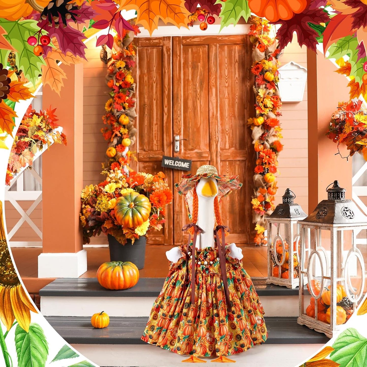 Fall Thanksgiving Goose Outfit Sunflower Porch Goose Costume with Hat Necklace for 23 Autumn Patio Yard Lawn Decor(Pumpkin,Sunflower)