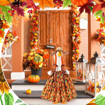 Fall Thanksgiving Goose Outfit Sunflower Porch Goose Costume with Hat Necklace for 23 Autumn Patio Yard Lawn Decor(Pumpkin,Sunflower)