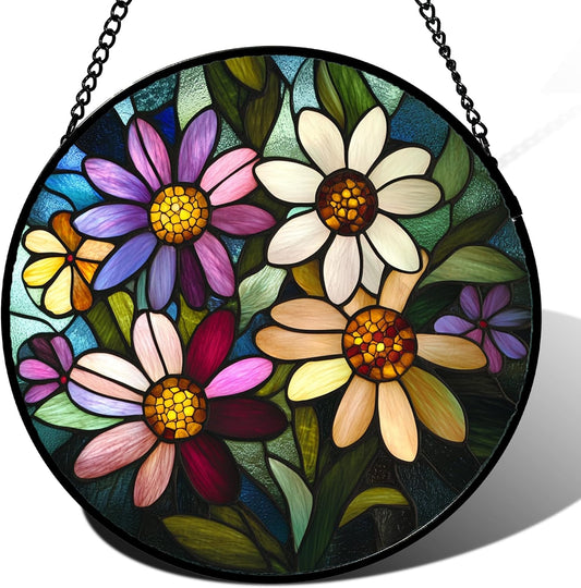Stained Glass Window Hanging - Colorful Daisies Suncatcher for Door Garden Patio Retro Flower Sun