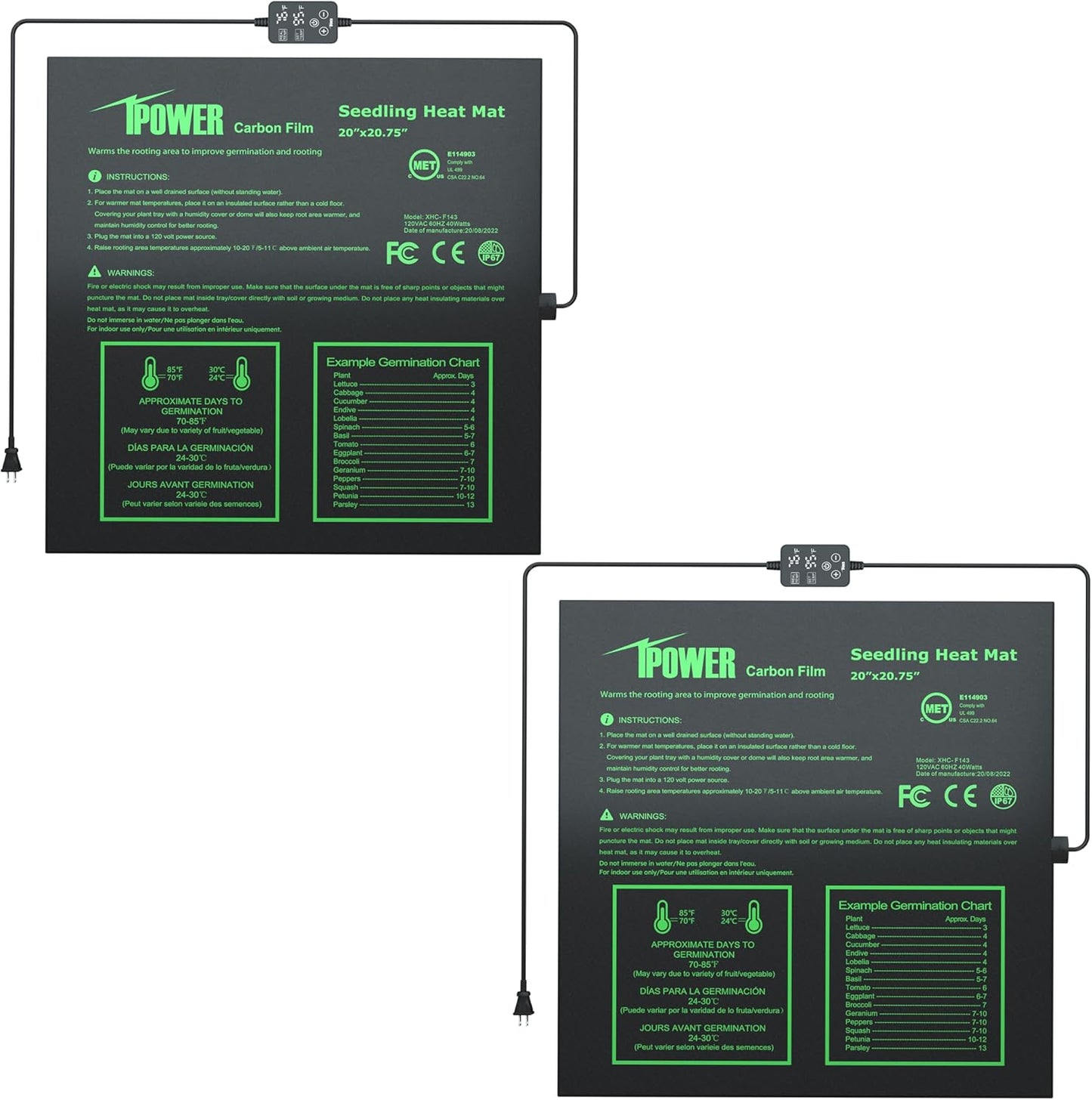 iPower 2-Pack Seedling Heat Mat for Plants with Dual Digital Temperature Controller, MET Certified Heating Pad, 20" x 20.75", Black